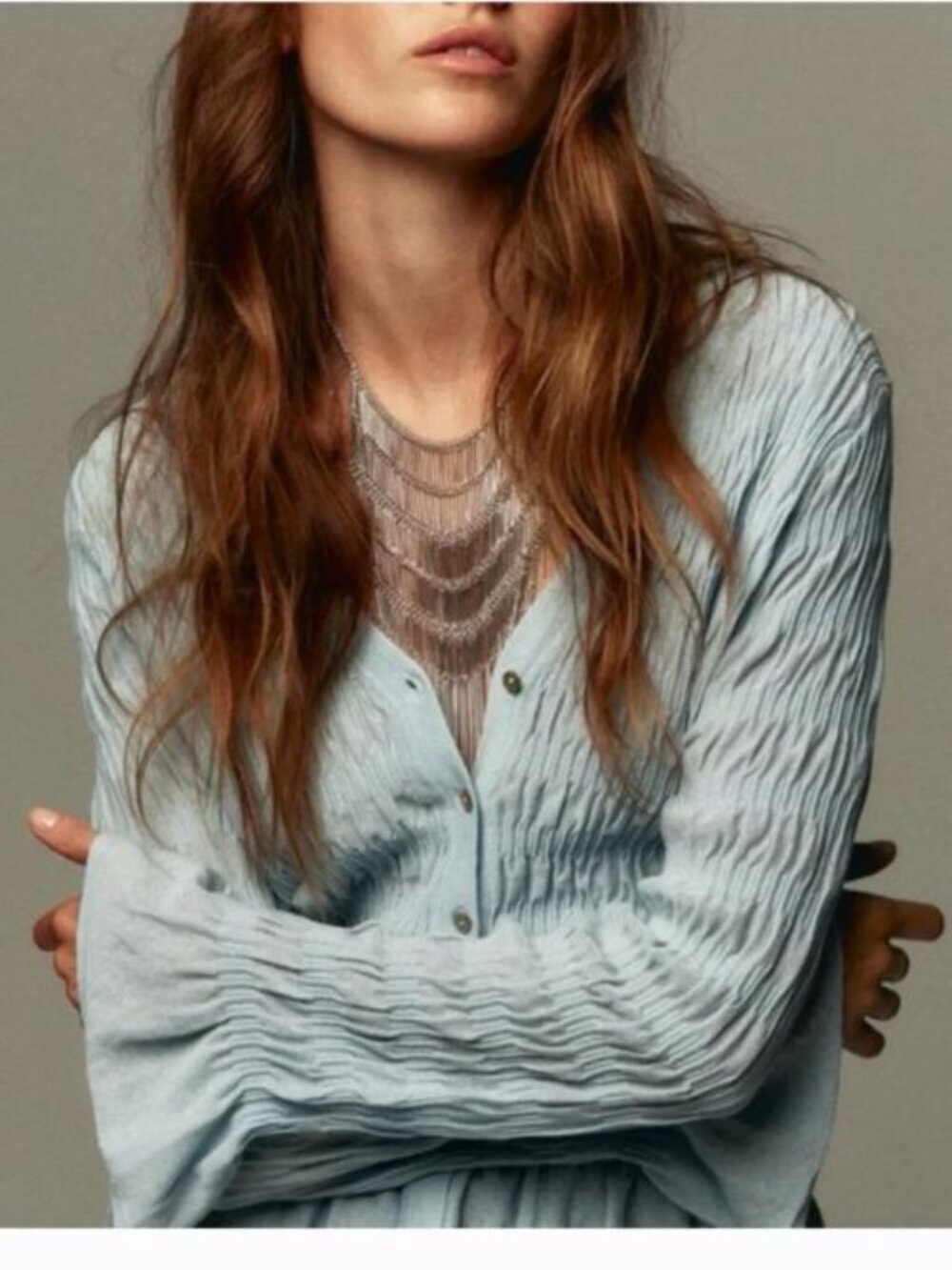 NWT ZARA Light Blue Button-Up GATHERED KNIT CARDIGAN